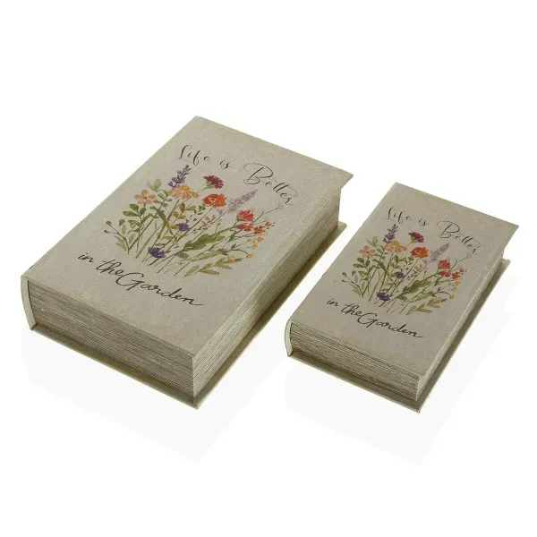 Set of decorative boxes Versa Book Flowers Canvas MDF Wood 7 x 27 x 18 cm