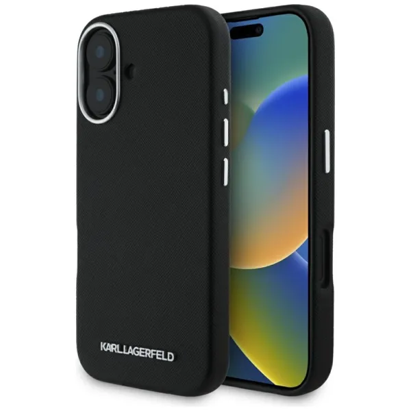Karl Lagerfeld Saffiano Full Wrapped Elongated Metal Logo MagSafe - Case for iPhone 16 (black)