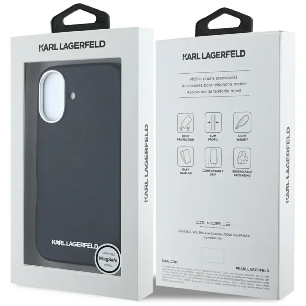 Karl Lagerfeld Saffiano Full Wrapped Elongated Metal Logo MagSafe - Case for iPhone 16 (black)
