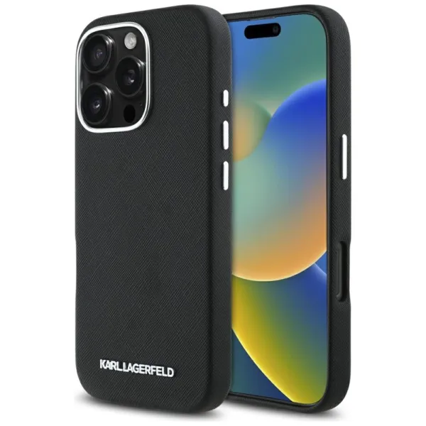 Karl Lagerfeld Saffiano Full Wrapped Elongated Metal Logo MagSafe - Case for iPhone 16 Pro (black)