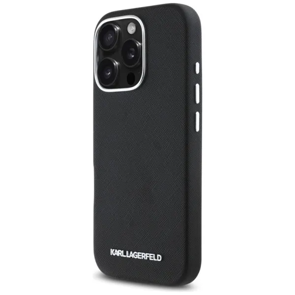 Karl Lagerfeld Saffiano Full Wrapped Elongated Metal Logo MagSafe - Case for iPhone 16 Pro (black)