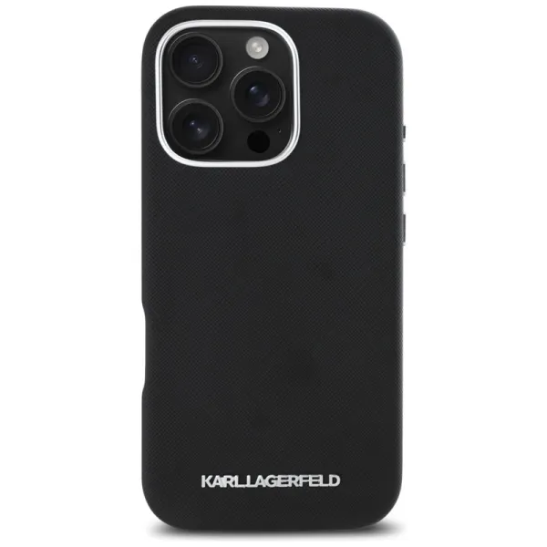 Karl Lagerfeld Saffiano Full Wrapped Elongated Metal Logo MagSafe - Case for iPhone 16 Pro (black)