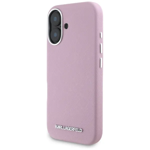 Karl Lagerfeld Saffiano Full Wrapped Elongated Metal Logo MagSafe - Case for iPhone 16 (pink)