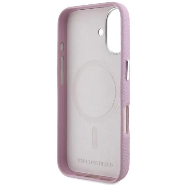Karl Lagerfeld Saffiano Full Wrapped Elongated Metal Logo MagSafe - Case for iPhone 16 (pink)