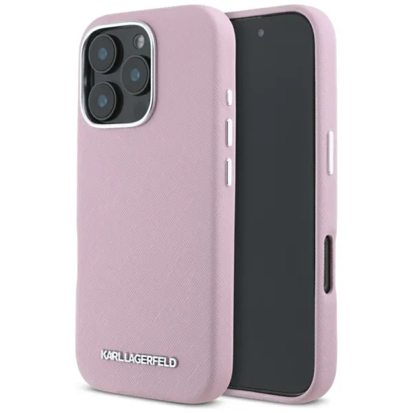 Karl Lagerfeld Saffiano Full Wrapped Elongated Metal Logo MagSafe - Case for iPhone 16 Pro (pink)