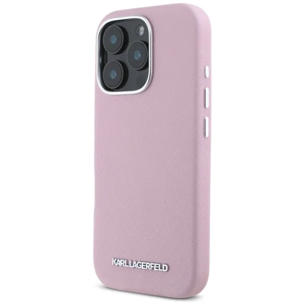 Karl Lagerfeld Saffiano Full Wrapped Elongated Metal Logo MagSafe - Case for iPhone 16 Pro (pink)