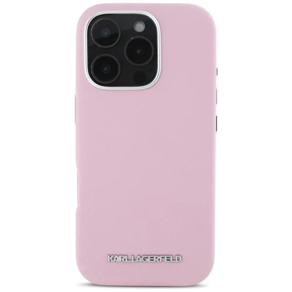Karl Lagerfeld Saffiano Full Wrapped Elongated Metal Logo MagSafe - Case for iPhone 16 Pro (pink)