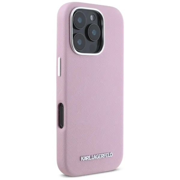 Karl Lagerfeld Saffiano Full Wrapped Elongated Metal Logo MagSafe - Case for iPhone 16 Pro (pink)