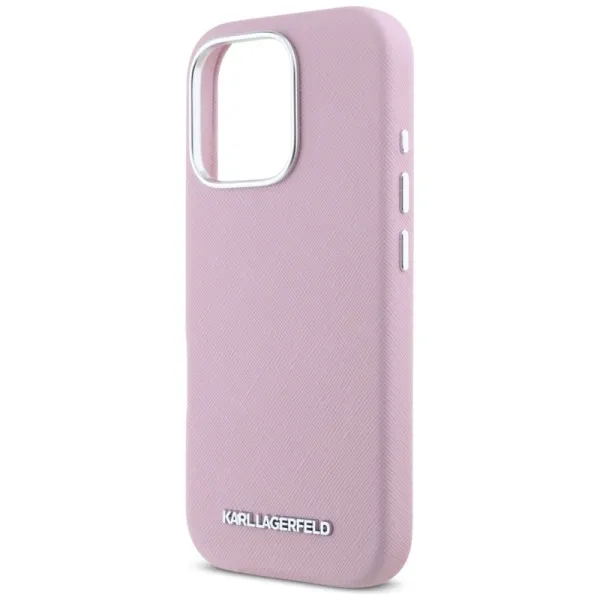 Karl Lagerfeld Saffiano Full Wrapped Elongated Metal Logo MagSafe - Case for iPhone 16 Pro (pink)