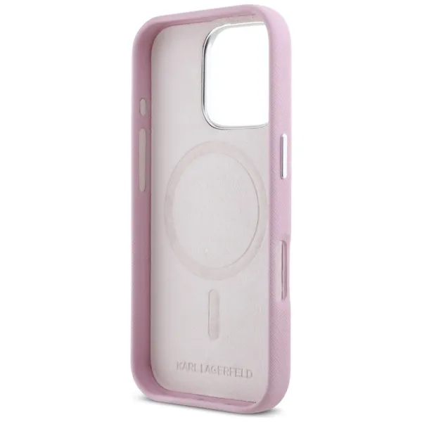 Karl Lagerfeld Saffiano Full Wrapped Elongated Metal Logo MagSafe - Case for iPhone 16 Pro (pink)