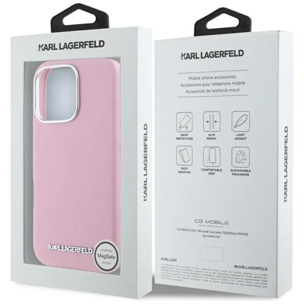 Karl Lagerfeld Saffiano Full Wrapped Elongated Metal Logo MagSafe - Case for iPhone 16 Pro (pink)