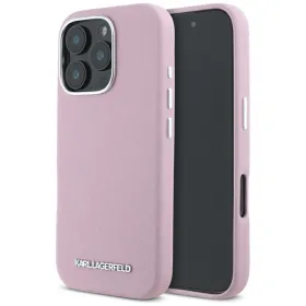 Karl Lagerfeld Saffiano Full Wrapped Elongated Metal Logo MagSafe - Case for iPhone 16 Pro Max (pink)