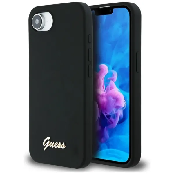 Guess Silicone Script Metal Logo MagSafe - Case for iPhone 16e (black)