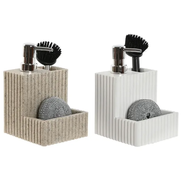 Scourer Brush with Handle and Soap Dispenser Home ESPRIT White Beige 11,5 x 11,5 x 18 cm (2 Units)