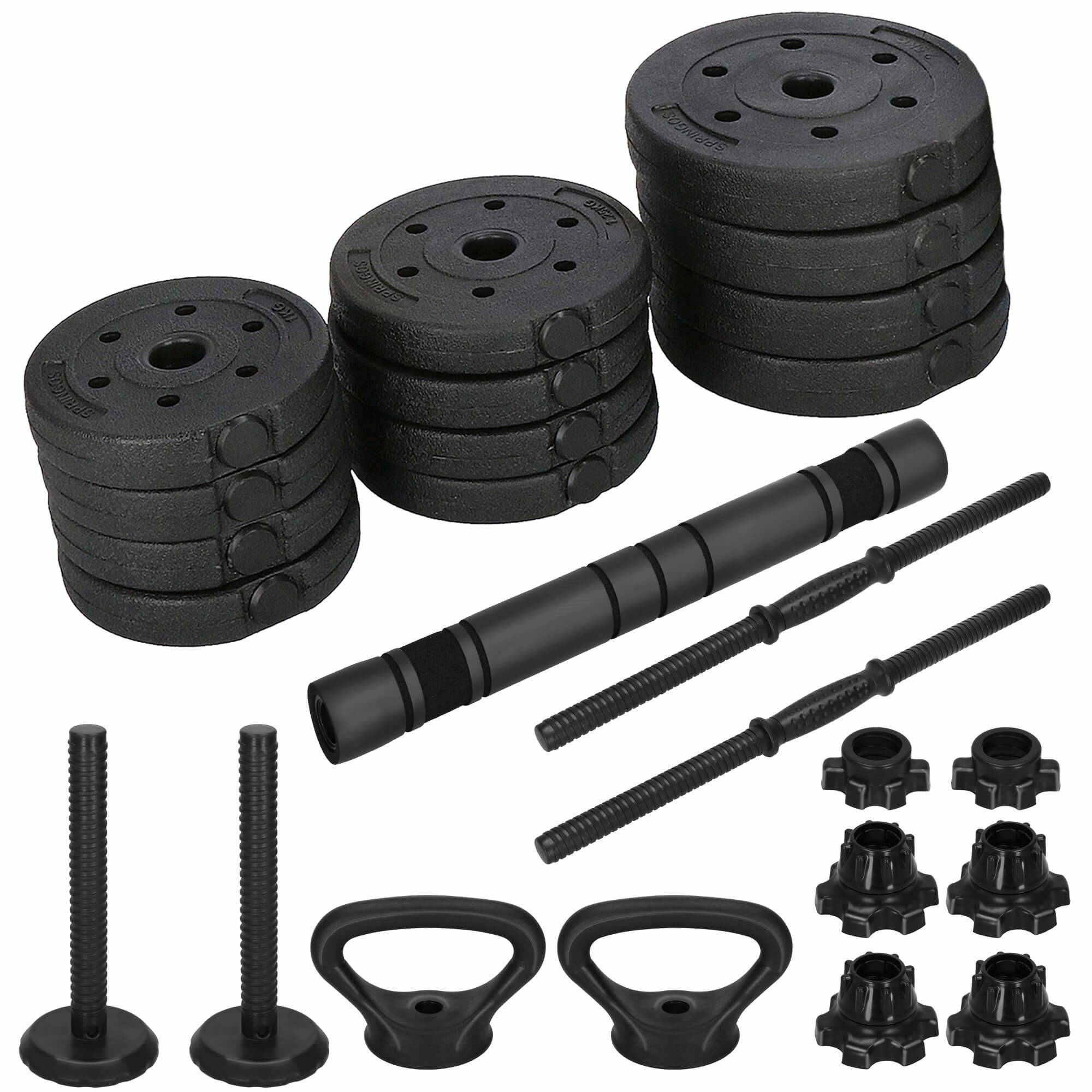 Dumbbells Springos FA1671, 20 kg adjustable set: bar + kettlebell