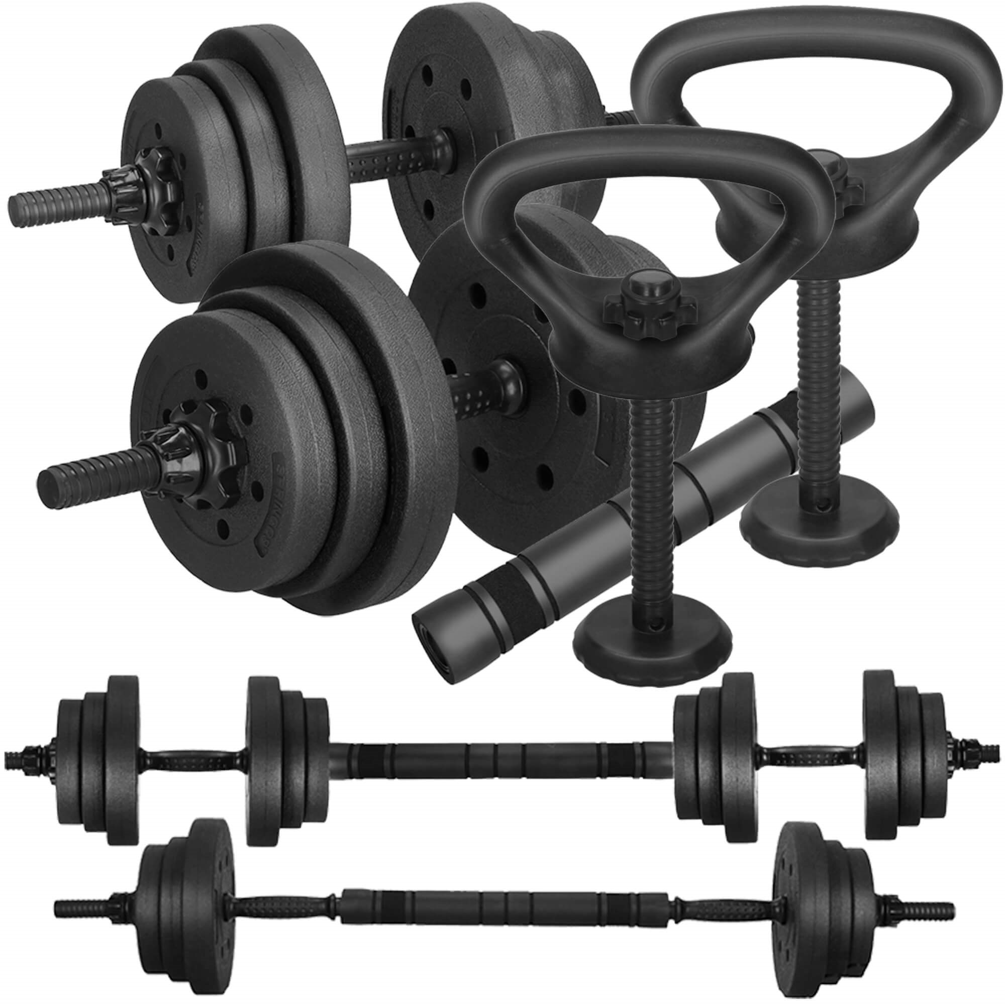 Dumbbells Springos FA1671, 20 kg adjustable set: bar + kettlebell