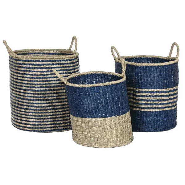 Basket set Home ESPRIT Blue Natural Jute Seagrass Mediterranean 43 x 43 x 54 cm (3 Pieces)