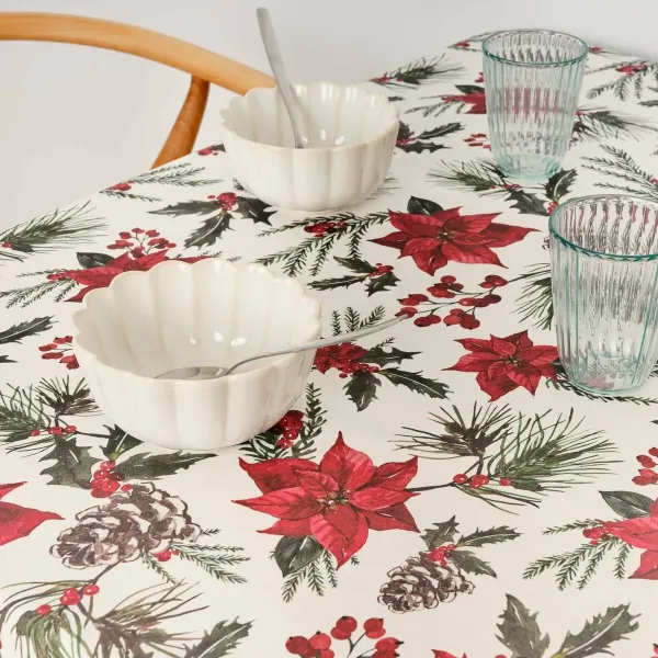 Stain-proof resined tablecloth Belum Christmas Flowers Red Green Natural 150 x 150 cm