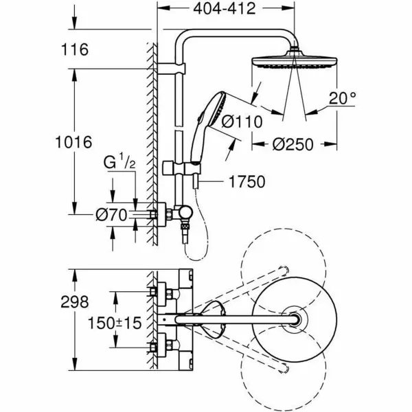 Suihkukolumni Grohe Vitalio Start System 250 ABS 22 mm 25 cm