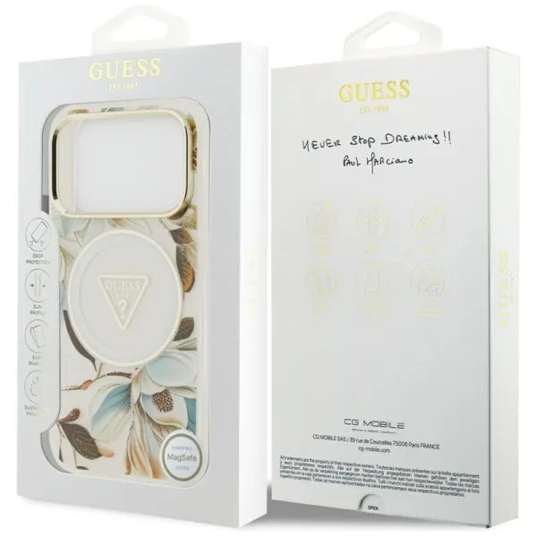 Guess IML Glitter Flowers Triangle MagSafe - Case iPhone 17 Pro Max (white)