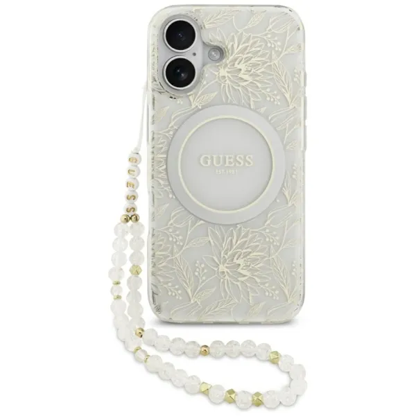 Guess IML Flowers Electro Pearl Strap MagSafe - Case iPhone 17 (white)