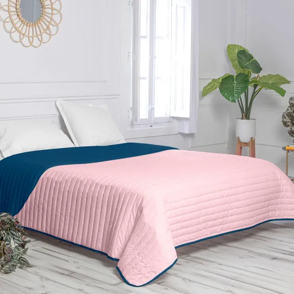 Reversible Bedspread HappyFriday Basic Dash Pink Navy Blue 180 x 260 cm