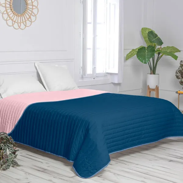 Reversible Bedspread HappyFriday Basic Dash Pink Navy Blue 180 x 260 cm