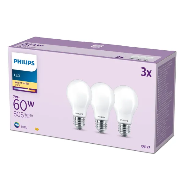 Светодиодная лампочка Philips A60 E27 Теплый белый E 7 W 60 W E27 806 lm 3 штук (2700 K)