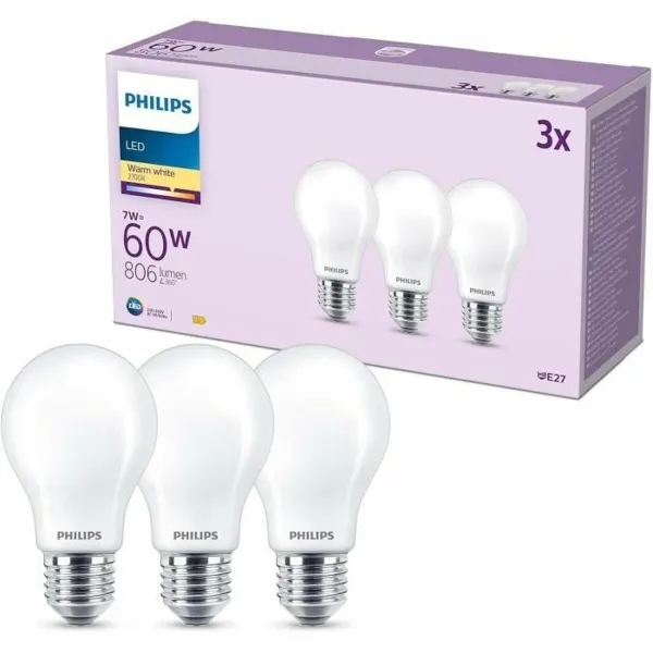 Светодиодная лампочка Philips A60 E27 Теплый белый E 7 W 60 W E27 806 lm 3 штук (2700 K)