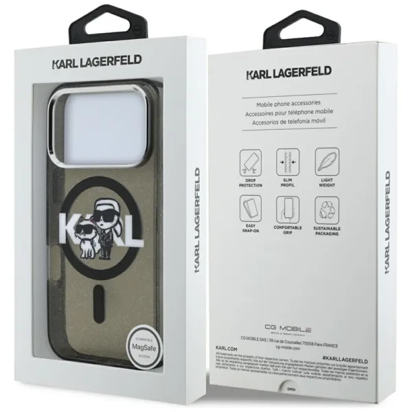 Karl Lagerfeld IML Glitter Karl & Choupette Sketch Logo MagSafe - Case iPhone 17 Pro (Black)