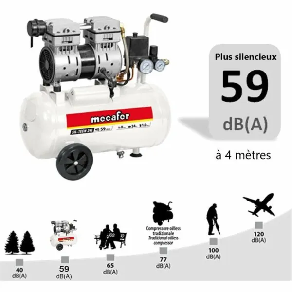 Ilmakompressori MECAFER 425523 Horisontaalinen Hiljainen 8 bar 24 L