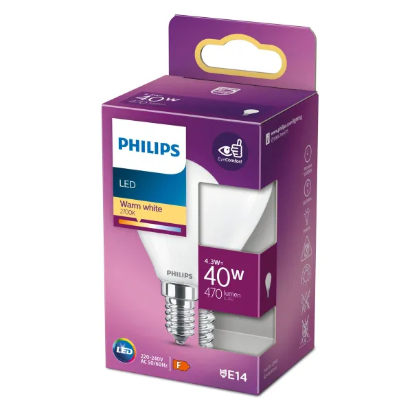 Светодиодная лампочка Philips F 40 W 4,3 W E14 470 lm 4,5 x 8,2 cm (2700 K)