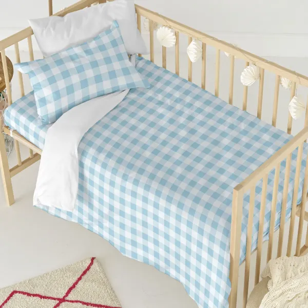 Duvet cover set HappyFriday Basic Kids Blue Baby Crib Gingham 2 Pieces