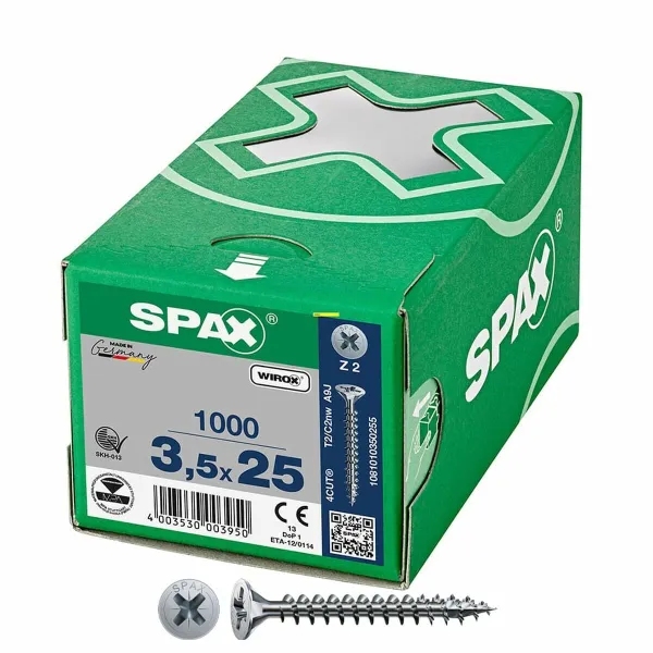 Varžtų dėžutė SPAX Wirox Z2 Plokščia galvutė 3,5 x 25 mm 1000 Unidades