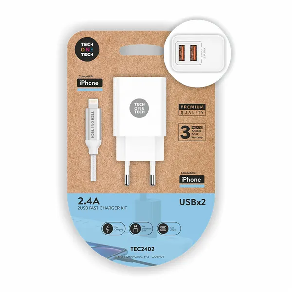 Wall Charger + MFI Certified Lightning Cable Tech One Tech TEC2402 Double Lightning