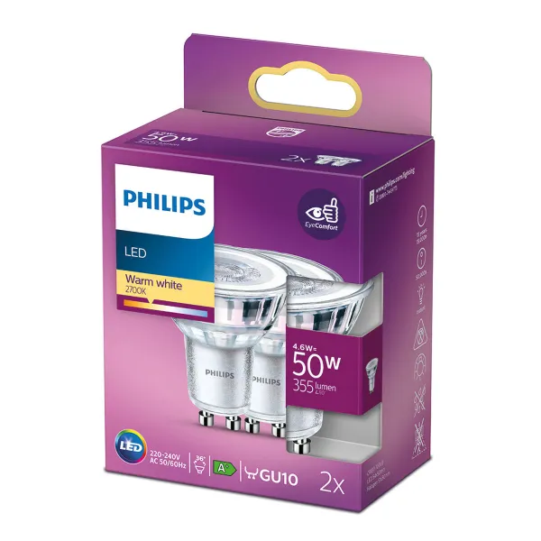 Светодиодная лампа Philips 4,6 W GU10 Белый F (2700 K)