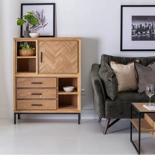 Sideboard SPIKE Black Natural Wood Metal Ash wood MDF Wood 90 x 36 x 115,5 cm