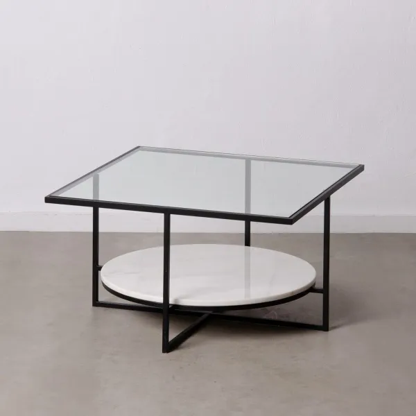 Centrālais galds Balts Melns Stikls Marmors Dzelzs 80 x 80 x 46,5 cm