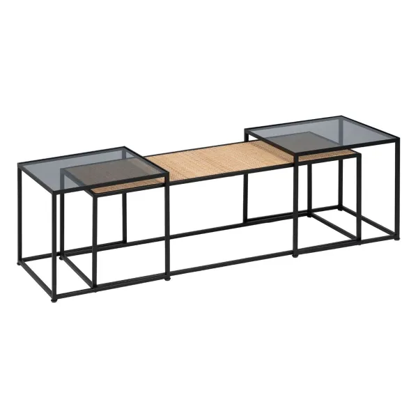 Centrālais galds Melns Dabisks Stikls Dzelzs Rotangpalma 97,5 x 34 x 35 cm (3 gb.)