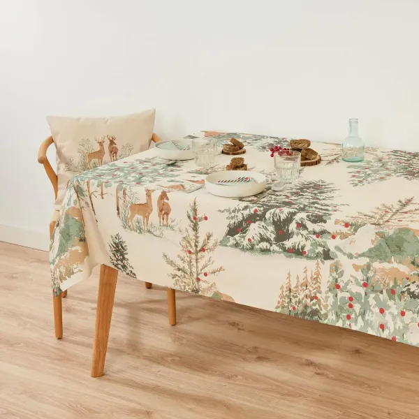 Stain-proof resined tablecloth Belum Christmas Deer Brown Red Green Linen 200 x 150 cm