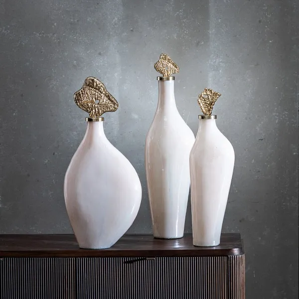 Decorative bottle Cream Golden 13 x 10 x 47 cm Decorative