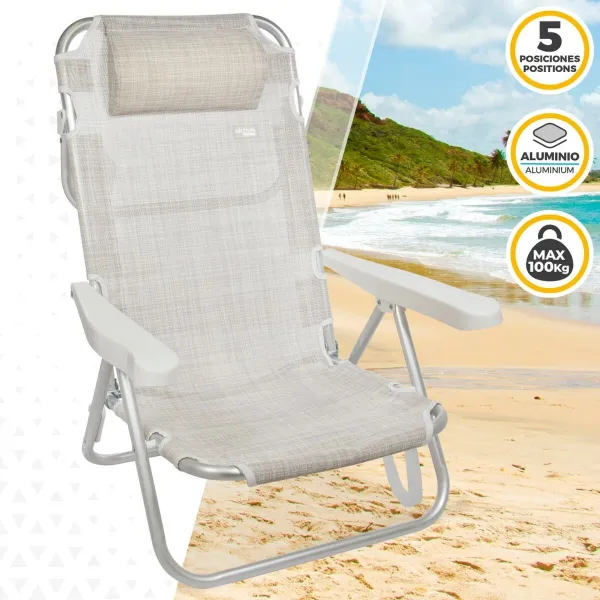 Saliekams Krēsls ar Galvas Balstu Aktive Ibiza Bēšs 48 x 84 x 46 cm (2 gb.)
