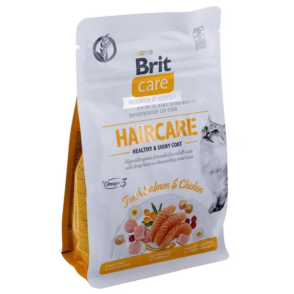 Kačių maistas Brit Care Grain Free Haircare Healthy & Shiny Coat Suaugęs Višta Lašišos raudonumo spalva Žuvis 400 g