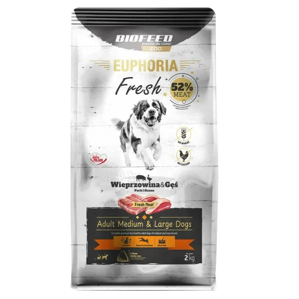Lopbarība Biofeed Euphoria Fresh Adult Medium & Large Pork with goose Cūka 2 Kg Pieaugušais 2,3 Kg