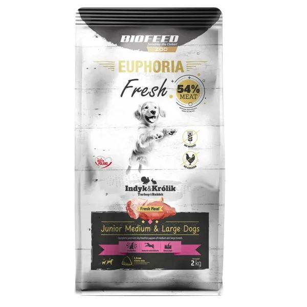Pašarai Biofeed Euphoria Junior Medium & Large dogs Turkey with rabbit Turkija 2 Kg Vaikas / jaunėlis 2,3 Kg