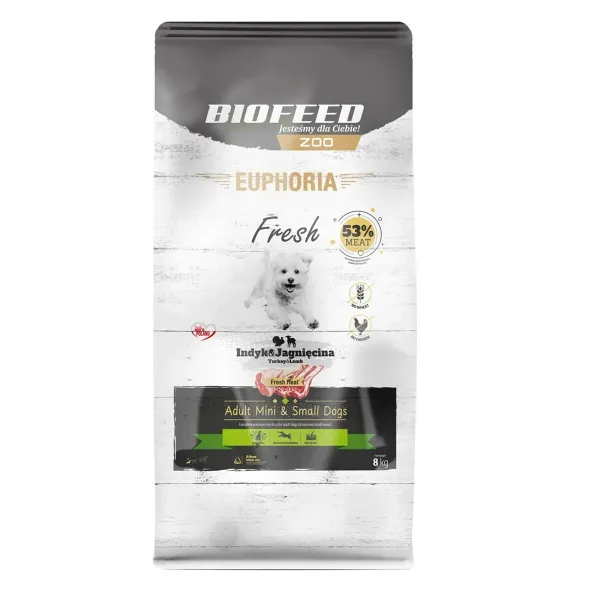 Pašarai Biofeed Euphoria Fresh Adult Mini & Small Turkey with lamb Turkija 8 kg Suaugęs