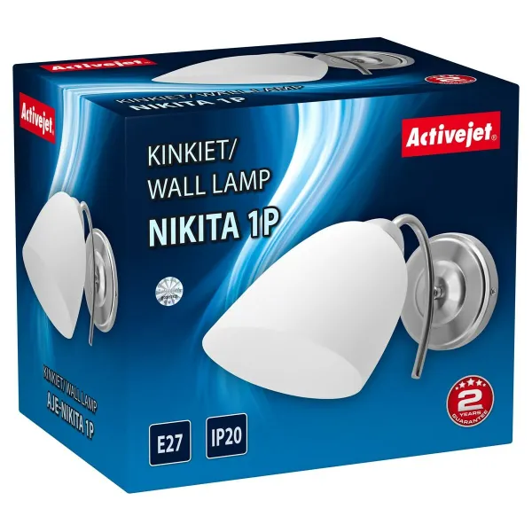 Sieninis apšvietimas Activejet NIKITA 1P Nikiel Balta nikelis Metalinis stiklas 60 W 220-240 V 26 x 12 x 12,5 cm 30 x 12 x 15 cm