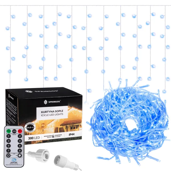 Valoverho kaukosäätimellä 300 LED-seppele, sisä- ja ulkovalot, jääpuikot, siniset