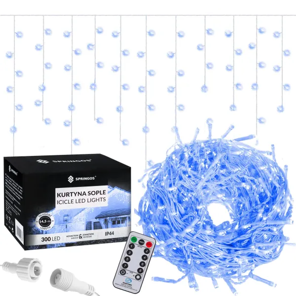 Gaismas aizkars ar tālvadības pulti, 300 LED virtene, iekštelpu/āra apgaismojums, lāsteku krāsā, zils
