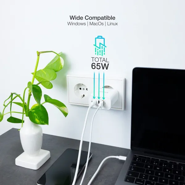 Сетевое зарядное устройство TooQ TQWC-GANQC2PD65WT 65 W
